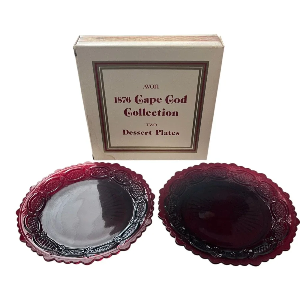 Avon 1876 Cape Cod Collection Cranberry Red Oval Dessert Plates Set of 2 NIB